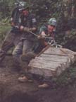 highlining a rock to the worksite