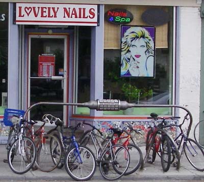 bikes parked in front of beauty shop
