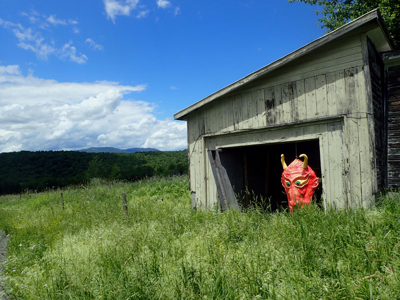 large mask hangs in shed by field